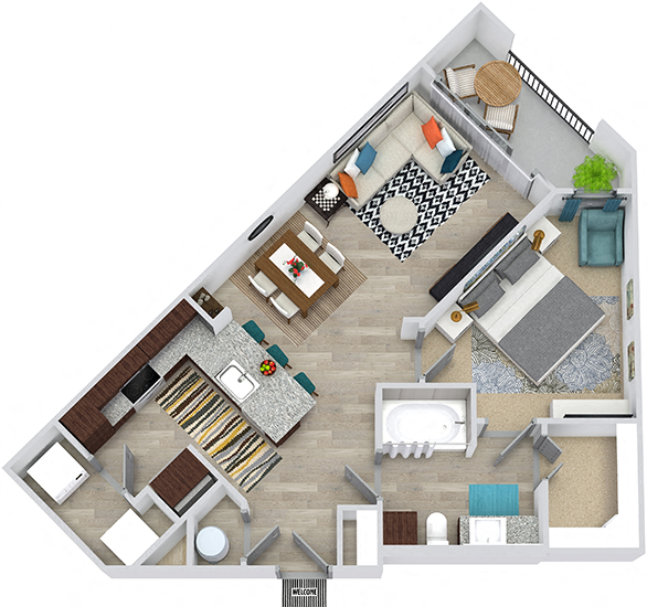 Floor plan for 1 bed, 1 bath, 734 sqft